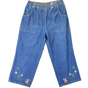 Rebecca malone Embroidered Butterfly Denim Pants M 100% Cotton Elastic Waist